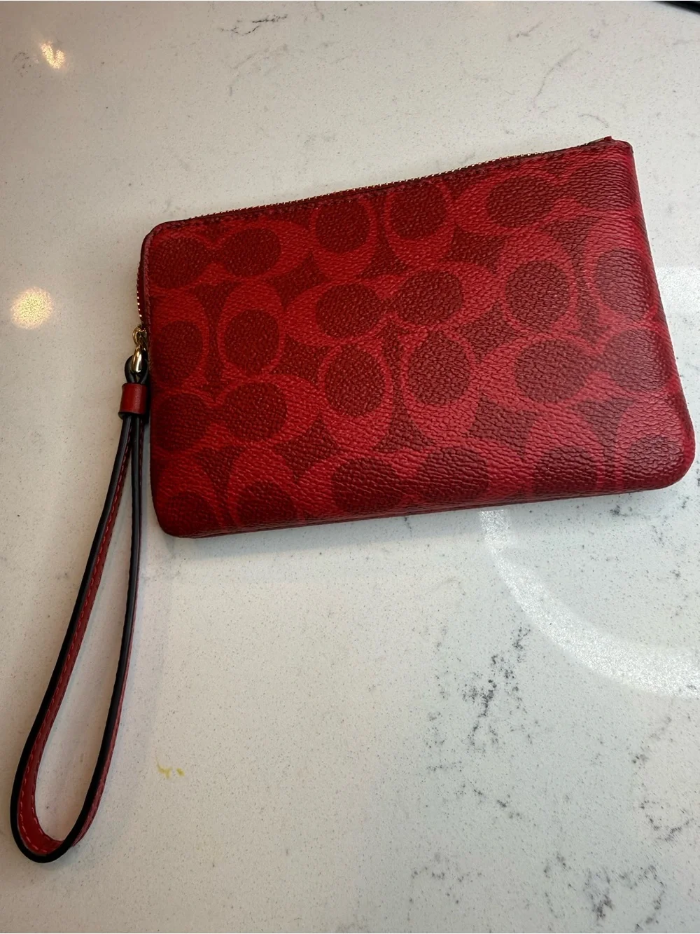 Coach Red Signature Zip Wrist Wallet with Gold Trim